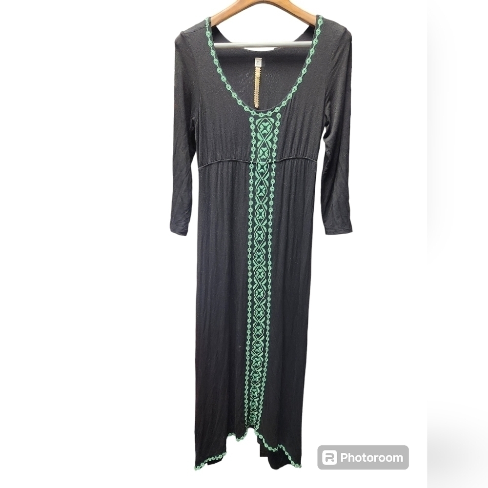 Uncle Frank Black Dress with Embroidered Green Boho Design Sz. M